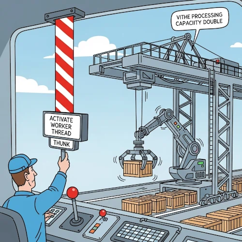 From the high control cabin overlooking the cargo terminal, our protagonist, the Chief Operator, determines that the queue of supply crates is too long for a single worker. He sends a specific 'resource allocation' message.
He reaches for a large, satisfying, red-and-white striped lever on his console, labeled 'ACTIVATE WORKER THREAD'. As he pulls it down with a decisive 'thunk', a signal is sent to the colossal gantry crane outside.
In response, a previously folded and dormant secondary robotic arm on the main crane springs to life. Its joints unfold, its indicator lights switch from standby amber to active green, and it immediately dips down to grab its own crate from the queue, working in perfect parallel with the primary arm. The overall processing speed of the job engine has now visibly doubled.
The art style is Ligne Claire, inspired by Hergé: clean, precise black outlines of uniform weight, bright flat colors with no shadows or gradients. The atmosphere is one of decisive command and powerful scalability, showing how the engine's capacity can be dynamically increased on demand. CRecordAddJobEngineThread