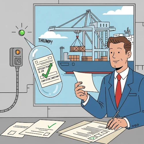 Back in the Port Supervisor's office, our protagonist, the Lead Logistics Planner, is reviewing a large manifest on his desk. At that moment, a small, green indicator light above a pneumatic tube receiving port begins to flash.
A single, transparent capsule arrives with a soft 'thump'. Inside is the original punch card that he sent to initiate the job. Crucially, a new, heavy, green checkmark has been officially stamped across the card, and a section labeled 'COMPLETION_TIMESTAMP' has been filled in.
He takes the card, looks at it with satisfaction, and makes a confident checkmark on his own paper manifest. Through the large window behind him, he can see the gantry crane placing the last crate of that specific job order onto the ship, confirming the message is accurate.
The art style is Ligne Claire, inspired by Hergé: clean, precise black outlines of uniform weight, bright flat colors with no shadows. The atmosphere is one of professional closure, successful completion, and the satisfaction of a reliable, closed-loop feedback system. CRecordNotifyJobFinished
