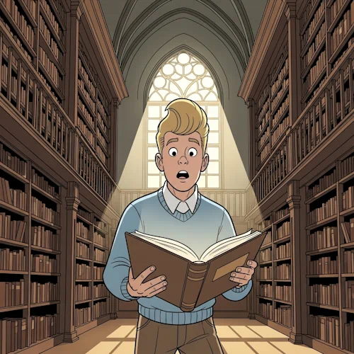 A young, energetic man with blond quiff hair, wearing a simple sweater and trousers, has a moment of sudden realization in a grand, old library with towering, dark wood bookshelves. He is holding a large, open book, and a beam of sunlight from a high arched window illuminates him and the page. His eyes are wide with surprise and discovery. The art style is Ligne Claire, inspired by Hergé: clean, precise black outlines, flat and bright colors, no shadows or gradients, detailed realistic background. Wide shot, comic book art. Documentation