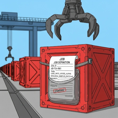 A detailed close-up shot of a single 'Job' on the bustling cargo dock. The 'Job' is represented by a sturdy, bright red supply crate, ready for processing.
Attached to the side of the crate, clearly visible in a weatherproof pouch, is its official 'Job Definition'—a formal work order document. The document is filled out with specific, neatly stenciled details:
- A unique 'JOB_ID' (e.g., JID-7C4-B81).
- A clear 'TASK' (e.g., IJob