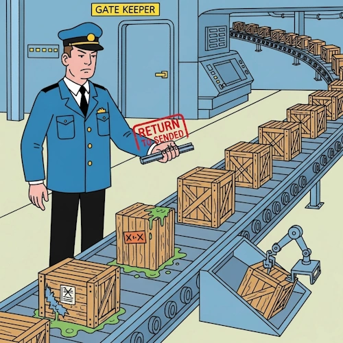 In the main customs and receiving area of the bustling deep-sea research platform, a stern but fair 'Gate Keeper'—an immaculate customs officer in a crisp uniform and cap—stands authoritatively beside a conveyor belt carrying a stream of incoming supply crates ('messages').
He has just intercepted an 'unwanted message': a shoddy, leaking wooden crate with suspicious green fluid oozing from a crack and crude, unofficial-looking markings.
With a decisive gesture, he firmly stamps the crate with a large, red 'RETURN TO SENDER' ink stamp. A small robotic arm is already moving to divert this rejected crate onto a separate disposal chute.
Crucially, in the background, a queue of well-formed, clean, officially stenciled crates moves past him unimpeded, having passed his inspection and continuing on their way into the base's internal logistics system.
The art style is Ligne Claire, inspired by Hergé: clean, precise black outlines of uniform weight, bright flat colors with no shadows. The atmosphere is one of rigorous, rule-based security and the protection of the internal system from unwanted external inputs. NY_GateKeeperPlugIn