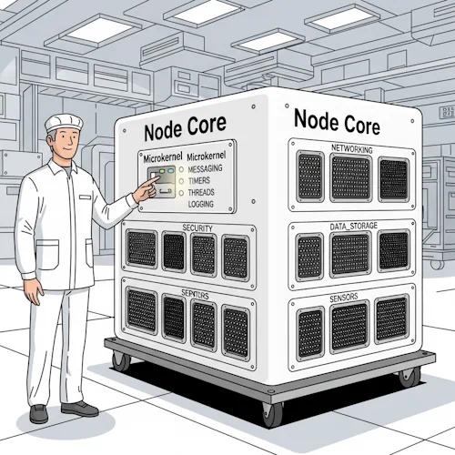 In a brightly-lit, clean-room assembly hangar of the research expedition, the Chief Engineer is presenting the fundamental building block of their entire infrastructure: a 'Node Core'. It is a compact, perfect cube of polished white composite material, about a meter on each side, resting on a transport dolly.
The Engineer is pointing to a small, integrated access panel on the cube. This panel is the 'microkernel', and it features a few essential, built-in indicator lights clearly labeled: 'MESSAGING' (glowing softly), 'TIMERS', 'THREADS', and 'LOGGING'.
Crucially, the other faces of the cube are covered in a grid of standardized, empty, multi-pin connection ports. These ports are clearly labeled with the functionalities they are waiting for: 'NETWORKING', 'SECURITY', 'DATA_STORAGE', 'SENSORS'. This visually demonstrates that the core is powerful but minimal, and that its true potential is only unlocked by adding 'plugins'.
The art style is Ligne Claire, inspired by Hergé: clean, precise black outlines of uniform weight, bright flat colors with no shadows or gradients. The detailed, high-tech hangar provides a rich background. The overall atmosphere is one of brilliant, minimalist design, emphasizing that this small core is the start of everything. Nodes