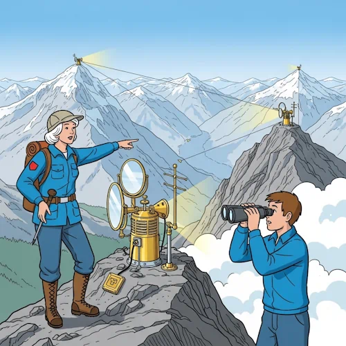 From a high, rocky mountain pass, a seasoned female mountaineer and guide demonstrates a principle to her young, attentive male student. She points across a vast valley towards a distant, identical signal station on another peak. Using a pair of powerful binoculars, the student can see that the distant station is flashing a light signal back at them, confirming the connection. Their own station, a retro-futuristic device with brass mirrors and antennae, is fully active. The scene shows at least three such stations across the mountain range, linked by faint, visible lines of light or communication waves.
The art style is Ligne Claire, inspired by Hergé: clean, precise black outlines of uniform weight, bright flat colors with no shadows or gradients. The breathtaking, detailed panorama of the mountain range contrasts with the simply drawn characters and their fascinating equipment. The overall atmosphere is one of wonder, successful demonstration, and understanding how a network is formed. Tutorial: How Nodes Are Connected To Each Other
