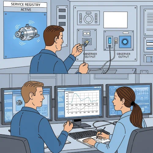 Inside the main control room of the research vessel, our specialist now helps a different team member, a focused female data analyst at her dedicated console. The nano service (the silver sensor pod) is already active, its socket on the 'Service Registry' panel glowing blue.
The specialist takes a thin, separate data cable and plugs one end into a smaller 'Observer Output' jack right next to the nano service's main socket. He then hands the other end to the analyst, who plugs it into her own monitor. Instantly, her screen flickers to life, displaying a live stream of telemetry data—a simple graph plotting temperature and pressure—that mirrors the activity of the sensor pod out in the ocean. She looks at the incoming data with dawning comprehension and starts making notes. The original nano service continues its work, completely unaffected.
The art style is Ligne Claire, inspired by Hergé: clean, precise black outlines of uniform weight, bright flat colors with no shadows. The complex, detailed control room provides a rich background for the clear, human interaction. The atmosphere is one of seamless collaboration, illustrating how a separate system can 'listen in' on a service without interfering. Tutorial: How to add an observer to a nano service