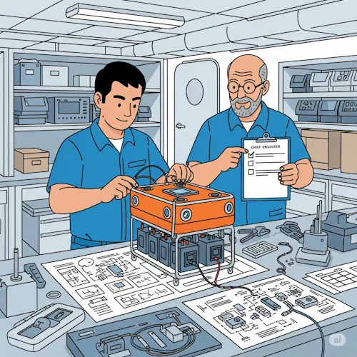 In the bright, well-organized Submersible Engineering Bay of the research vessel, our protagonist, now a confident engineer, is putting the finishing touches on a new 'microservice'. This takes the form of a small, compact, bright orange Autonomous Underwater Vehicle (AUV), about the size of a suitcase. It's a complete, self-contained unit with its own thrusters, sensors, and a central processing core.
He is carefully connecting the final battery pack, referencing a detailed engineering blueprint spread out on the workbench beside him. His mentor, the Chief Engineer, looks on with approval, pointing to a checklist on a clipboard. The workbench is littered with electronic components, specialized tools, and wiring diagrams, signifying the complex assembly process from individual parts.
The art style is Ligne Claire, inspired by Hergé: clean, precise black outlines of uniform weight, bright flat colors with no shadows or gradients. The detailed, complex components and schematics on the workbench contrast with the simply drawn, expressive characters. The atmosphere is one of focused innovation, skilled craftsmanship, and the satisfaction of building a new, independent tool from scratch. Tutorial: How to create a micro service