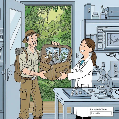 At the entrance of a well-equipped field research station at the edge of a dense jungle, a tired but triumphant-looking field researcher in a khaki outfit has just returned. He is handing his rugged, open satchel to an eager lab technician. The satchel is filled with carefully labeled geological rock samples and transparent containers of exotic plants—these are the 'files'.
The lab technician, representing the application, receives the satchel with a look of great interest and is already preparing a microscope and an analysis tray on a nearby clean, stainless-steel workbench. This signifies the system is ready to process the imported data. Through the open door, the lush, detailed jungle from which the samples came is visible.
The art style is Ligne Claire, inspired by Hergé: clean, precise black outlines of uniform weight, bright flat colors with no shadows or gradients. The intricate background of the lab equipment and the jungle foliage contrasts with the simply drawn, expressive characters. The atmosphere is one of successful collaboration and the thrill of bringing new discoveries in for analysis. Tutorial: How to import Files