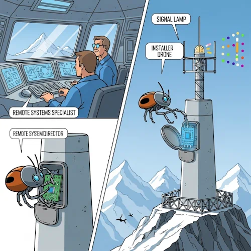 The scene is a dynamic split-view. On one side, in the central command hub, our protagonist, now a confident Remote Systems Specialist, operates a console. He has just launched a specialized 'installer drone'—a small, beetle-like robotic device. His mentor, the Expedition Director, watches with a nod of approval.
On the other side of the split-view, we see the drone arriving at the windswept, unmanned signal station on a high mountain peak. With incredible precision, the drone uses small articulated arms to open a service hatch on the station's main pillar. It then carefully removes an older, green circuit board and replaces it with a new, more complex, glowing blue one.
As the drone closes the hatch and flies away, the main signal lamp on top of the station, which previously pulsed with a simple white light, now begins to emit a new, more complex, multi-colored signal pattern, indicating its upgraded capabilities. The atmosphere is one of flawless, high-tech automation and a successful remote upgrade.
The art style is Ligne Claire, inspired by Hergé: clean, precise black outlines of uniform weight, bright flat colors with no shadows or gradients. The detailed technology of the drone and station contrasts beautifully with the vast, realistic mountain landscape. Tutorial: How to install software remotely