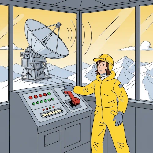 On the windswept summit of a high, snowy mountain at sunrise, a young, determined female engineer in a bright yellow insulated jumpsuit is decisively flipping a large, satisfying master switch on a sturdy, retro-futuristic control panel. Instantly, a massive satellite dish antenna outside the panoramic window of the small outpost begins to hum with energy and slowly orient itself towards the horizon. A series of indicator lights on the panel turns from red to a confident green. Her expression is a mix of intense focus and triumphant satisfaction.
The art style is Ligne Claire, inspired by Hergé: clean, precise black outlines of uniform weight, bright flat colors with no shadows or gradients. The intricate technical details of the communication relay station contrast sharply with the simply drawn character. The image captures the foundational moment of 'starting a node'—a single, crucial point coming online to enable a larger network. The atmosphere is one of pioneering achievement and successful activation. Tutorial: How to start a Node
