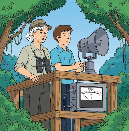 On a high, sturdy wooden observation platform nestled in the canopy of a vibrant forest, a patient, expert female ornithologist with binoculars around her neck is guiding a young male student. The student is making the final connection to a sophisticated parabolic microphone, which is aimed out towards the lush treetops.
With a final, satisfying click, he plugs a cable into the device's control unit. Instantly, a small indicator light on the microphone's base turns from red to a steady, reassuring green, and the needle on an analog audio-level meter gives a slight, initial flicker. This shows the 'target' is now active and 'listening'. The student looks on with a mixture of concentration and quiet excitement, ready to capture the first sound of a rare bird.
The art style is Ligne Claire, inspired by Hergé: clean, precise black outlines, bright flat colors with no shadows or gradients. The detailed, lush foliage of the forest canopy and the intricate design of the listening device contrast with the simply drawn, expressive characters. The atmosphere is one of peaceful focus, readiness, and the anticipation of receiving a valuable message from the natural world. Tutorial: How to start a simple target