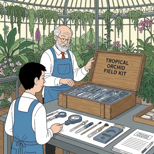 Inside a magnificent, sun-filled Victorian greenhouse, a senior, wise-looking botanist with a neatly trimmed beard and an apron is showing a young, attentive apprentice how to properly open and prepare a specialized field kit. The open wooden crate, clearly stenciled 'TROPICAL ORCHID FIELD KIT', reveals a set of perfectly organized tools in foam cutouts—this represents the 'Java Package'.
The botanist is carefully taking out each item—a precision hygrometer, glass sample vials, a pollination brush—and arranging them in a specific order on a clean workbench, making them ready for the upcoming research task. This organized setup is the 'package initialization'. The apprentice watches with deep concentration, understanding the importance of this foundational preparation. The background is filled with lush, exotic plants and the intricate ironwork of the greenhouse.
The art style is Ligne Claire, inspired by Hergé: clean, precise black outlines, bright flat colors with no shadows or gradients. The detailed, realistic background contrasts with the simply drawn, expressive characters. The atmosphere is one of methodical expertise and readiness. Tutorial: Java package initialization