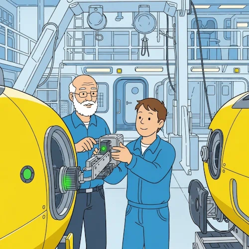 Inside the bustling moon pool of a state-of-the-art research vessel, a calm and experienced marine biologist with a white beard guides a keen young technician. The technician is carefully attaching a new, specialized robotic sampling arm—a modular 'plugin'—to a port on the side of a sleek, yellow one-person submersible. The connection is seamless, and a green indicator light on the arm has just lit up, signifying a successful integration. The biologist gives an approving nod as the technician looks on with satisfaction.
The art style is Ligne Claire, inspired by Hergé: clean, precise black outlines of uniform weight, bright flat colors with no shadows, gradients, or hatching. The detailed, complex machinery of the moon pool and gantry contrasts with the simply drawn, expressive characters. The overall atmosphere is one of focused learning, expanding capabilities, and preparing for a new kind of discovery. Tutorial: The use of PlugIns