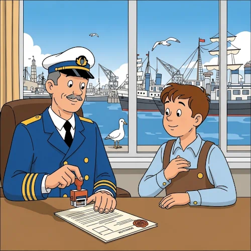 In a bright, sunlit harbor master's office, a friendly and trustworthy-looking harbor master with a neat uniform and a captain's hat is carefully stamping a formal document with an official-looking seal. Across the desk, a young, adventurous ship's captain with a hopeful expression watches him, relieved. Through a large, clean window behind them, a bustling and cheerful harbor is visible, with various ships, cranes, and seagulls under a clear blue sky.
The art style is Ligne Claire, inspired by Hergé: clean, precise black outlines of uniform weight, bright flat colors with no shadows, gradients, or hatching. The overall composition is clear and easy to read, reminiscent of a classic Belgian comic book panel. The atmosphere is one of professionalism, clarity, and mutual trust. LegalNotice