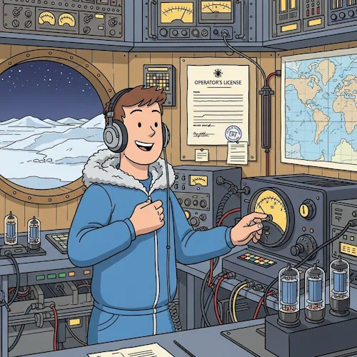 In a cozy yet high-tech radio room of a remote arctic research station, a young, capable radio operator with headphones around his neck beams with pride. He has just pinned his newly-arrived, official 'Operator's License' document to the wall next to his equipment. The license is clearly visible with a large, official stamp. He is now carefully turning a large dial on a vintage-style transmitter, preparing for his first official broadcast. The room is filled with intricate electronic gear, maps, and glowing vacuum tubes. Through a circular porthole window, the vast, snowy arctic landscape is visible under a starry sky.
The art style is Ligne Claire, inspired by Hergé: clean, precise black outlines of uniform weight, bright flat colors with no shadows or gradients. The detailed, realistic background contrasts with the simply drawn character. The overall mood is one of accomplishment and connecting the remote outpost to the wider world. Licenses