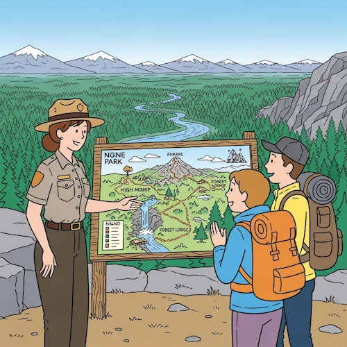 At a scenic viewpoint in a vast national park, a friendly and knowledgeable female park ranger in a classic uniform is pointing to a large, beautifully illustrated wooden map. A young, curious couple in hiking gear looks at the map with interest and gratitude. The map shows various trails, landmarks like a waterfall, a high peak, and a forest lodge, all clearly laid out. In the background, a stunning landscape with pine trees, a winding river, and distant snow-capped mountains is visible under a clear sky.
The art style is Ligne Claire, inspired by Hergé: clean, precise black outlines of uniform weight, bright flat colors with no shadows, gradients, or hatching. The detailed background contrasts with the simply drawn characters. The overall atmosphere is one of helpful guidance, clarity, and the promise of a great adventure. Sitemap